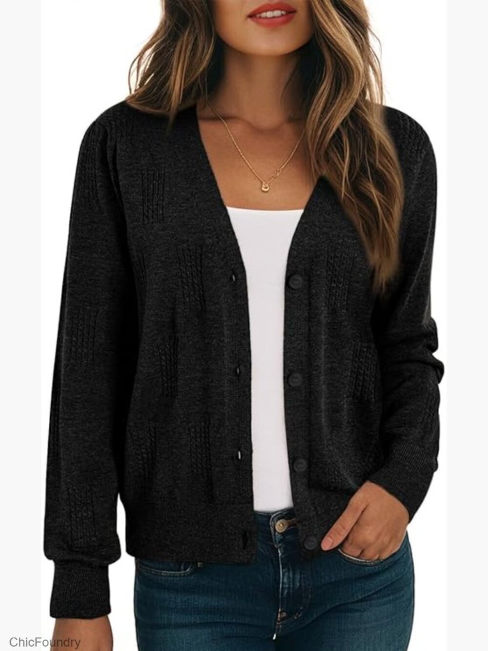 Long Sleeve Lightweight V-Neck Cardigan Button Down Twisted Cable Knit Sweater